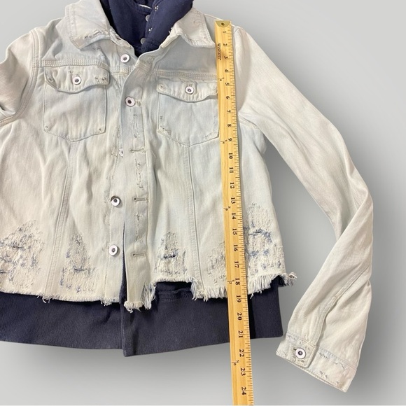 Free People Double Weave Denim Jacket Hooded Distressed Grunge Streetwear Sz M - Picture 5 of 7